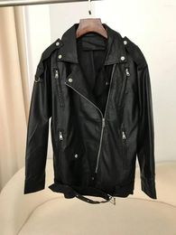 Women's Leather PU Coat Motorcycle Faux Jackets Fashion Black Women With Belt Oversize Korean Loose Causal Outerwear