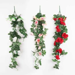 Decorative Flowers Wreaths 95CM White Rose Artificial Silk Flowers Garland Fake Plant Vine Autumn Wedding Home Room Decor Christmas Arrangement Garden Arch