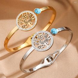 Bangle Hollow Round Tree Of Life Sapphire Crystal Bracelet Women's Stainless Steel Cubic Zirconia Inlaid Spring Buckle Open Bracelets