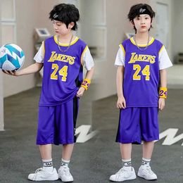 Jerseys Ldrens clothing set Lakers 24 boys and girls basketball jersey fake two-piece set uniform junior school training set H240508