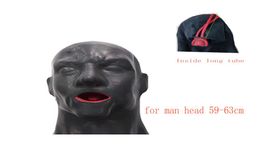 3D Latex Hood Rubber Mask Closed Eyes Fetish with Red Mouth Gag Plug Sheath Tongue Nose Tube Long and Short for Men 2207158260054
