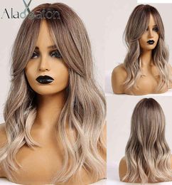 Hair Synthetic Wigs Cosplay Alan Synthetic Hair Wig Ombre Brown Light Ash Blonde Medium Wave for Black Women Heat Resistant Fiber 4421096
