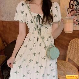 Party Dresses Chic Korea Fashion Clothes 2024 Summer Women Green Floral Retro Vintage Bow Tie Holiday Date Japan Girls Long Dress