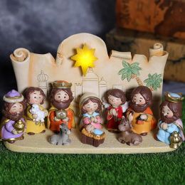 Miniatures Resin Cartoon Religious Nativity Figurine Manger Group Jesus Child Doll Christmas Church Friendship Gift Resin Figure for Home