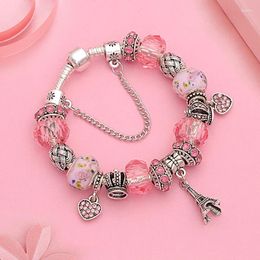Charm Bracelets Romantic Pink Crystal Heart Bracelet For Women Girl Gift Silver Colour Crown Bead DIY Paris Tower Jewellery