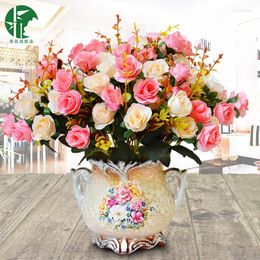 Decorative Flowers European Style Simulation Rose Bunch Living Room Desktop Potted Set Ornament Decoration Indoor Dining Table Tea