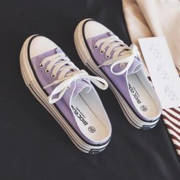 Fitness Shoes 2024 Summer Slipper Canvas Women's All-match Girls Half White Purple Loafers Without Back Basic Style Must Have