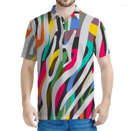Men's Polos Colourful Zebra Strips 3d Printed Polo Shirts For Men Summer Street Tee Shirt Button Oversized T-shirt Loose Lapel Short Sleeves