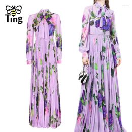 Casual Dresses Tingfly Runway Fashion Floral Printing Pleated Maxi Long Party Dinner Women A Line Chiffon Largo Dress