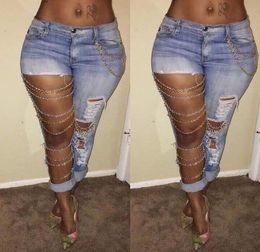 Whole Fashion Women Lady Pants Jeans Hole Destroyed Ripped Distressed Chain Denim Pants Boyfriend Jeans6832313
