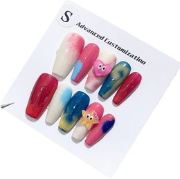 Handmade Press On Nails Colorful Pink Cartoon Smudge Cute Removable with Lovely and Sweet Design for Girly StyleNo24560 240430