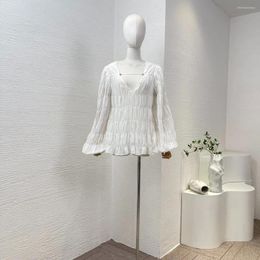 Women's Blouses White Black Cotton Office Lady Lantern Sleeve V Neck Blouse Tops Elegant Fashion Women 2024 Spring Summer High Quality