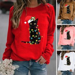 Women's Hoodies & Sweatshirts Women Sweatshirt Christmas Cat Printed Pullover Autumn Casual Long Sleeve O-Neck Loose Hoodie Fashio 313b