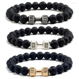 Charm Bracelets Natural Black Volcanic Lava Stone Dumbbell Bracelet Matte Beads For Women Men Fitness Barbell Jewelry Pulseras