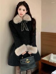 Casual Dresses Women Elegant Winter Black Warm A-line Mini Dress Korean Fur Collar Single Breasted Sweet Party Lady Fashion Bow