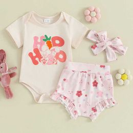 Clothing Sets Baby Girl Easter Outfit Bunny Letter Print Short Sleeve Romper Ruffle Shorts Sets Infant 1st Easter Clothes H240508