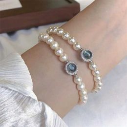 Bangle Elegant Aquamarine Gemstone Zircon Pearl Bracelets for Women Round Silver Color Rhinestone Pearl Bracelets Wedding Jewelry Gift