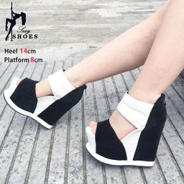 Dress Shoes Comfortable Wedges Women Sandals Black White Color Casual High Heels Summer 14CM Breathable Sexy Model Catwalk