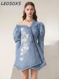 Casual Dresses Early Spring 2024 Irregular Sexy Cold-Shoulder Mesh Flower Famale Dress Chinese Style Denim A-LINE Women