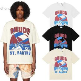 Men's and Women's Trends Designer Fashion Brand Rhude Sailboat Surfing Letter Print Short Sleeved T-shirt for Men Women High Street Half