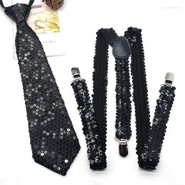 Bow Ties Women Men Sparkly Sequins Suspenders Necktie Set Clip-on Elastic Unisex Y-Shape Back Brace Shinning Cosplay Costume