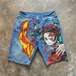 Japanese Anime Y2K Pants Graphic Baggy Denim Gym Streetwear Shorts Mens Shorts Harajuku Gothic Men Basketball Short 240418