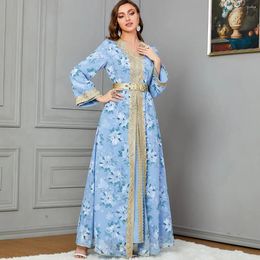 Ethnic Clothing Morocco Kaftan Women Floral Print Belted Maxi Dress Dubai Abaya Split Hem Jalabiya Arabic Robe Muslim Party Dresses Eid