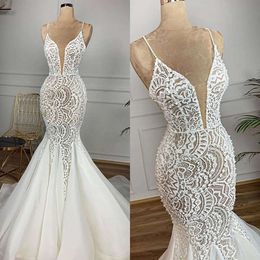 Spaghetti Dresses V-Neck Deep Glamorous Mermaid Wedding Special Pattern Applicant Organza Backless Court Gown Custom Made Plus Size Vestidos De Novia
