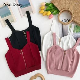 Women's Tanks Pearl Dairy Knitted Cami Tops Women Zipper Front Cut Out Club Sex Crop Top Sweetheart Sleeveless Going