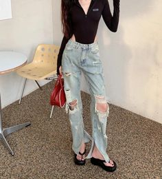 Women's Jeans Women Hollow Out 2024 Spring High Waist Hole Denim Wide Leg Pants Casual Harajuku Jean Pant Skinny Trousers Female 9879