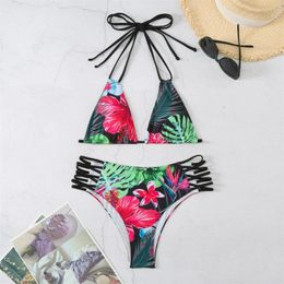 Women's Swimwear Bathing Random Tropical Print Bikini Set Halter Triangle Bra Top & Cut Out High Waist Swimming Bras To Wear Under Suit