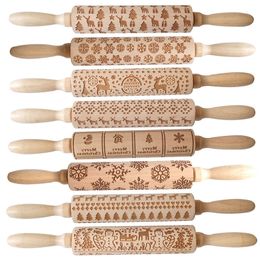 35*4cm/13.8*1.6inch Christmas Wooden 3D Rolling Pins Embossed Engraved Embossing Xmas Themed Baking Cookies Biscuit Fondant Cake Tools Reindeer Snowflake JY0743