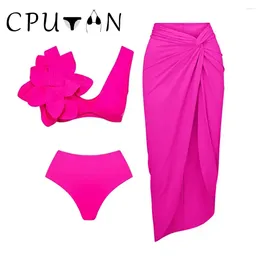 Women's Swimwear CPUTAN 2024 Sexy 3D Flower Bikini Set 3 Piece High Waist Swimsuit Skirt Brazilian Biquini Bathing Suit Beach Dress