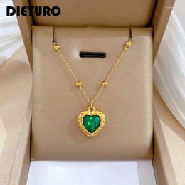 Pendant Necklaces DIEYURO 316L Stainless Steel Heart Green Crystal Necklace For Women Girl Trend Luxury Neck Chain Jewelry Gift Party