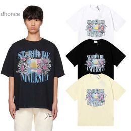 Men's and Women's Trends Designer Fashion Brand Rhude Letter Flag Flower Printing Short Sleeve T-shirt for Men Women High Street Loose Half