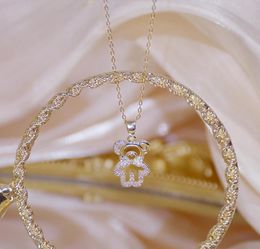 14k Real Gold Feminia Cute Bear Short Necklace for Women Shine Zircon Choker Birthday Gift Wedding Jewelry Pendant7437667
