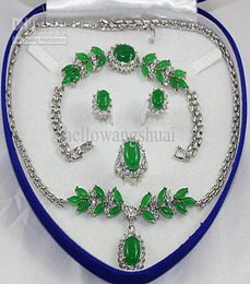 Fashion Silver Green Jade Necklace Bracelet Earring Ring Sets Gemstone Jewellery Sets7723529