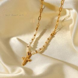 Chains Stainless Steel Beads Pearl Necklace Gold Color Metal Cross Pendant Choker For Women Girls Minimalist Summer Punk Jewelry