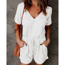Women's Jumpsuits Rompers Summer V-neck Short Sle Jumpsuit Solid For Woman Casual Shorts Jogger Pants Playsuit Overalls Bodysuits Rompers with Pockets d240507