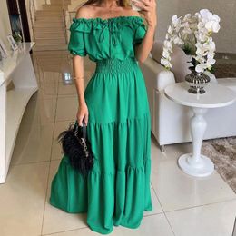 Party Dresses Women's Fashion One Shoulder Short Sleeve Big Swing Long Solid Color Banquet Dress Halter Formal