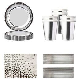 Disposable Dinnerware New silver disposable tableware set elegant party board paper cup grass banner birthday decoration wedding supplies Q240507