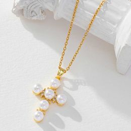 Fashion Trend New Product Pearl Cross Necklace Genuine Gold Electroplating Light Luxury Temperament Niche Design Sense Jewellery