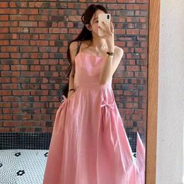 Casual Dresses Women Pink Sleeveless Bow Tie Loose Dress Elegant Solid Colour Backless 2024 Summer French Style Sexy Party