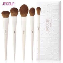 Brushes Jessup Face Brushes set 5Pcs Makeup Brushes Vegan Foundation Blush Bronzer Brush Contour Fluffy Setting Powder, Light Grey T493