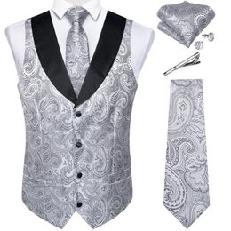 Suit Vest Set For Men Wedding Luxury Gray Paisley Dress Vests Necktie Clip Cufflinks Handkerchief Male Sleeveless Waistcoat Gift 240507