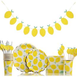 Disposable Dinnerware 1 set of lemon themed disposable tableware paper straw/cups/banners used for summer swimming pool birthday party decoration Q240507