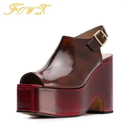 Dress Shoes Red Brown Platform High Block Heels Women's Sandals Open Toe Ladies Summer Mature Sexy Buckle Strap Large Size 12 13 FOWT