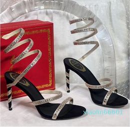 Rene Caovilla Goldene Sandalen Fersen Sandalen Abendschuhe Luxusdesigner Knöchel -Wickelschuh Schuh