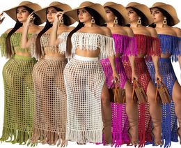 Sexy Knitted Women Dresses Two Pieces Set Slash Neck Cover Ups Slit Tassel Skirt Hollow Out Beach Crocheted Suit4435336