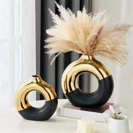 Vases Living Room Decoration Flower Vase Modern Simple Black Gold Circle Ceramic Art Home Accessories Large